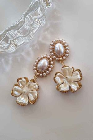 עגילי פרל פלר עם קבושון פנינים ותליון פרח פנינה בציפוי זהב